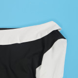 Women Contrast Slash Shoulder Stretch Bodycon Slit Balloon Sleeve Dress