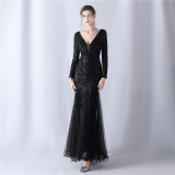 Women mesh sequin wedding dinner long-sleeved evening dress