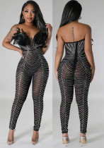 Women Solid Sexy Mesh Beaded Jumpsuit Women Solid Sexy Mesh Beaded Jumpsuit