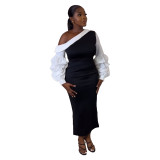 Women Contrast Slash Shoulder Stretch Bodycon Slit Balloon Sleeve Dress