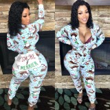 Christmas Women Printed Long Sleeve Jumpsuit