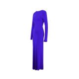 Women Pleated Long Sleeve Backless Bodycon Maxi Evening Dress