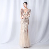 Women mesh sequin wedding dinner long-sleeved evening dress