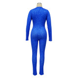 Women's Ribbed Printed Sexy V-Neck Tight Fitting Zipper Jumpsuit