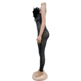 Women Solid Sexy Mesh Beaded Jumpsuit
