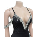 Fashion Women's Solid Color Tassel Suspender Long Dress