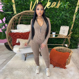 Women's Ribbed Printed Sexy V-Neck Tight Fitting Zipper Jumpsuit