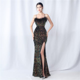 Feather Dinner Party Wedding Velvet Sequin Evening Dress