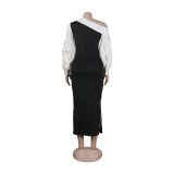 Women Contrast Slash Shoulder Stretch Bodycon Slit Balloon Sleeve Dress