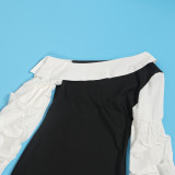 Women Contrast Slash Shoulder Stretch Bodycon Slit Balloon Sleeve Dress