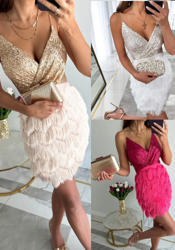 Women Party Sequin V Neck Sleeveless Sexy Dress