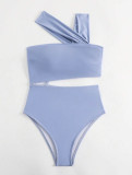 Women Sexy One Shoulder Strapless Hollow Solid One-piece Swimwear