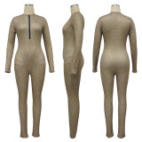 Women's Ribbed Printed Sexy V-Neck Tight Fitting Zipper Jumpsuit