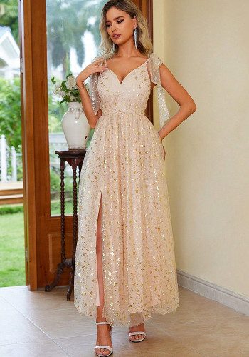 Women elegant printed lace-up slit dress