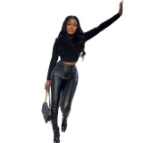 Elastic Leg Pu Leather Pants