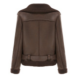 Autumn And Winter Fur Warm Women's Leather Jacket With Belt For Women Turndown Collar Coat