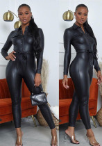 Winter Pu Buckle Belt Jumpsuit