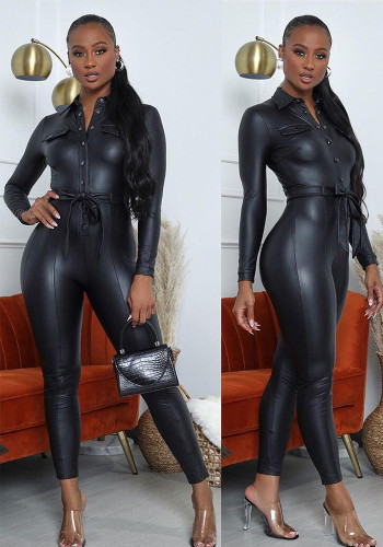 Winter Pu Buckle Belt Jumpsuit
