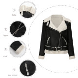 Autumn And Winter Fur Warm Women's Leather Jacket With Belt For Women Turndown Collar Coat