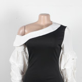 Women Contrast Slash Shoulder Stretch Bodycon Slit Balloon Sleeve Dress