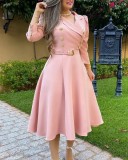 Women Turndown Collar Pleated Lace-Up Belted Dress