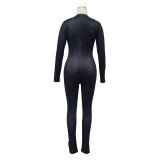 Women's Ribbed Printed Sexy V-Neck Tight Fitting Zipper Jumpsuit
