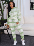 Autumn And Winter Women's Round Neck Striped Hoodies Fashion Casual Pants Plus Size Two Piece Set