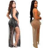 Fashion Women's Solid Color Mesh Beaded Sleeveless Long Dress
