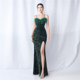 Feather Dinner Party Wedding Velvet Sequin Evening Dress
