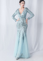 Women mesh sequin wedding dinner long-sleeved evening dress
