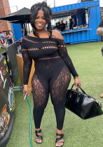 Women Sexy Hollow Knitting Jacquard High Waist Long Sleeve Jumpsuit Women Sexy Hollow Knitting Jacquard High Waist Long Sleeve Jumpsuit