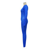 Women's Ribbed Printed Sexy V-Neck Tight Fitting Zipper Jumpsuit