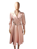 Women Turndown Collar Pleated Lace-Up Belted Dress
