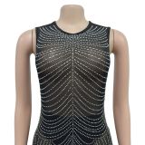 Fashion Women's Solid Color Mesh Beaded Sleeveless Long Dress