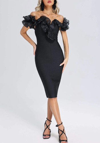 Ruffle Bandage Dress Fashionable And Elegant Off Shoulder Strapless Black Formal Party Dress