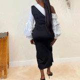 Women Contrast Slash Shoulder Stretch Bodycon Slit Balloon Sleeve Dress