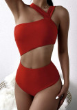 Women Sexy One Shoulder Strapless Hollow Solid One-piece Swimwear
