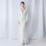 Women mesh sequin wedding dinner long-sleeved evening dress