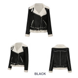 Autumn And Winter Fur Warm Women's Leather Jacket With Belt For Women Turndown Collar Coat