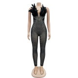 Women Solid Sexy Mesh Beaded Jumpsuit