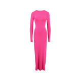 Women Pleated Long Sleeve Backless Bodycon Maxi Evening Dress