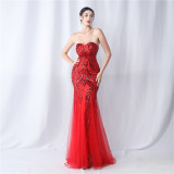 Positioned Flower Mesh Sequin Wedding Dinner Evening Dress