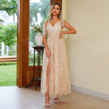 Women elegant printed lace-up slit dress