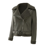 Autumn And Winter Fur Warm Women's Leather Jacket With Belt For Women Turndown Collar Coat