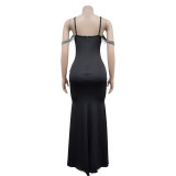 Fashion Women's Solid Color Tassel Suspender Long Dress
