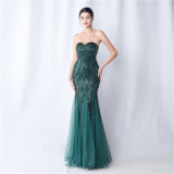 Positioned Flower Mesh Sequin Wedding Dinner Evening Dress