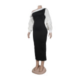 Women Contrast Slash Shoulder Stretch Bodycon Slit Balloon Sleeve Dress