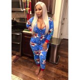 Christmas Women Striped Contrast Print Zipper Jumpsuit