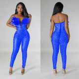 Women Solid Sexy Mesh Beaded Jumpsuit