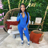 Women's Ribbed Printed Sexy V-Neck Tight Fitting Zipper Jumpsuit